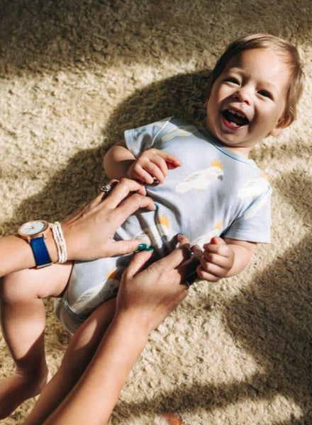 Goldie + Ace Short Sleeve Bodysuit - Cockatoo Party - Blue