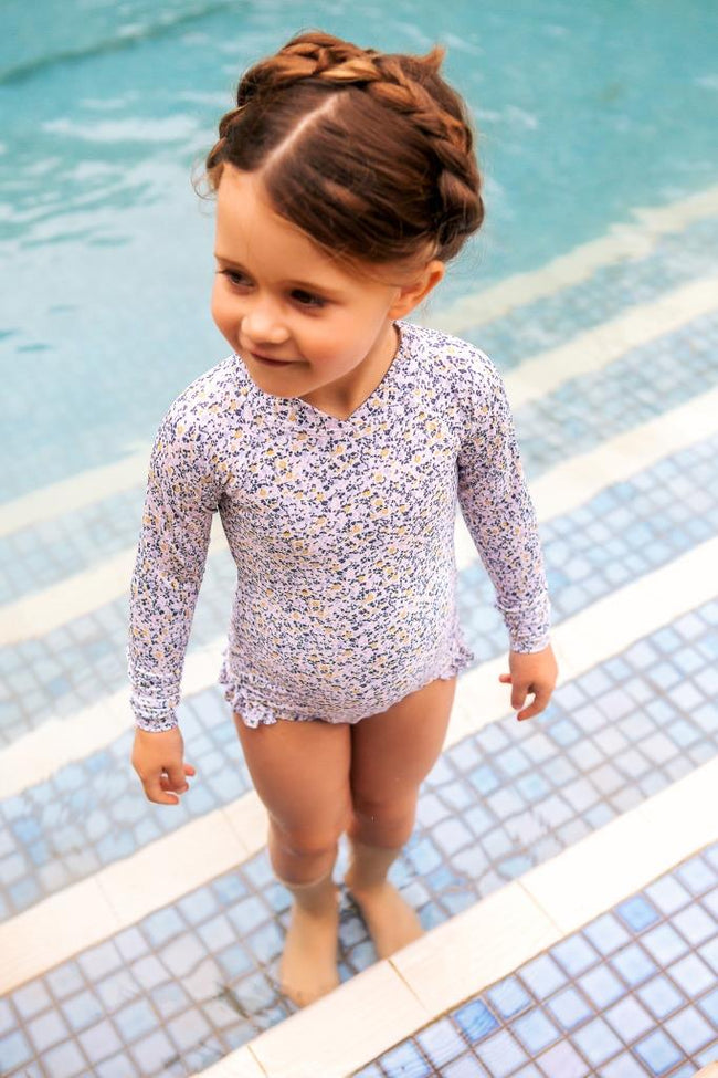 Peggy Violet Long Sleeve Swimsuit -  Mini Blue Floral