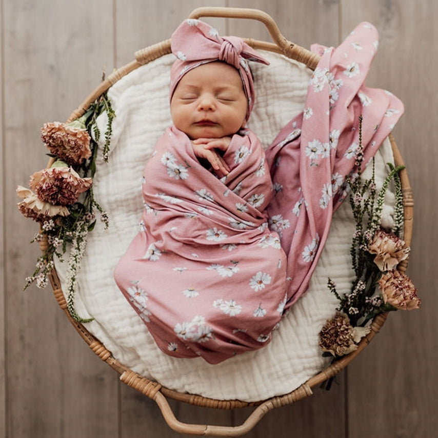 Snuggle Hunny Jersey Wrap and Top Knot Set - Daisy