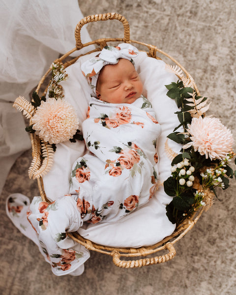 Snuggle Hunny Jersey Wrap and Top Knot Set - Rosebud