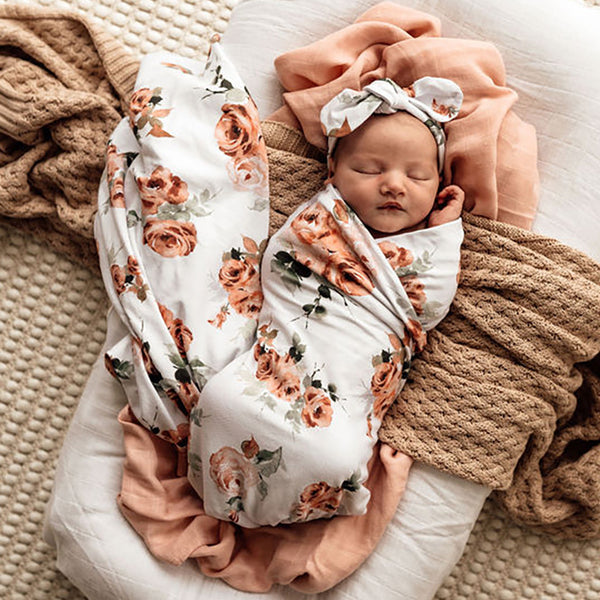 Snuggle Hunny Jersey Wrap and Top Knot Set - Rosebud