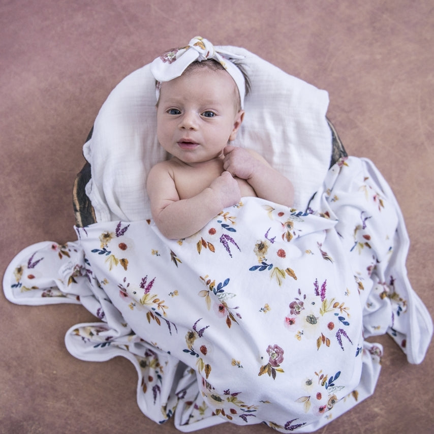 Snuggle Hunny Jersey Wrap and Top Knot Set - Boho Posy