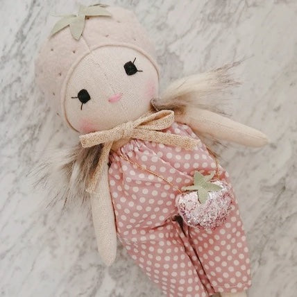 Mini Winther Co Strawberry Doll - Pink Dotty Playsuit and Strawberry bag