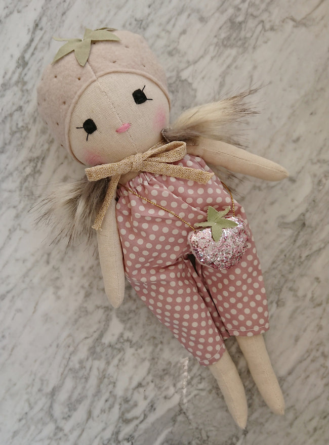 Mini Winther Co Strawberry Doll - Pink Dotty Playsuit and Strawberry bag